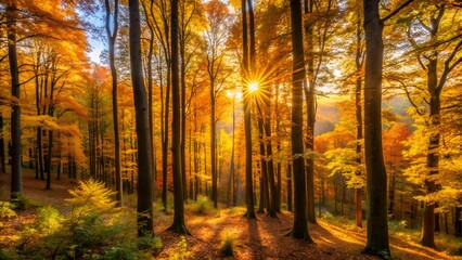 Fototapeta premium Sunlight streaming through autumn forest trees