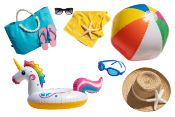 Summer beach day essentials with colorful inflatable and accessories