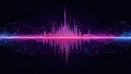 Dynamic abstract sound wave visualization with vibrant neon pink and blue geometric network on dark background