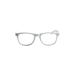 Fototapeta premium A pair of simple, white, rounded eyeglasses with a slightly thick frame, presented against a black background