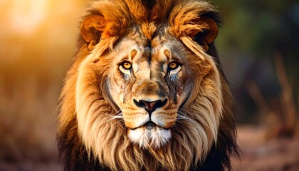 Fototapeta premium A stunning close-up portrait of a regal lion, displaying its majestic mane and piercing gaze. The golden light highlights the details