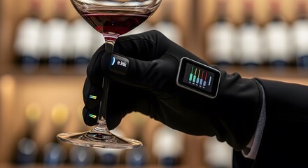 Innovative black glove holds red wine glass in elegant cellar technology luxury sommelier future digital tasting data display