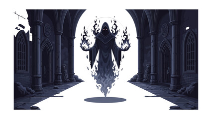 Mystical Entity: A spectral figure shrouded in shadows, emanating ethereal flames, stands within a haunting, gothic architectural corridor, evoking mystery and otherworldly themes.