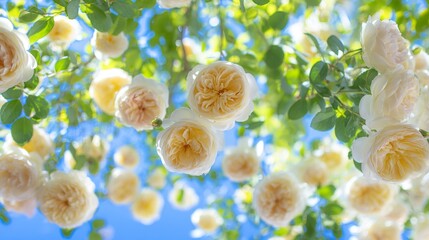 Close-up of white garden roses against a blue sky, bathed in natural sunlight with a soft background. gardening catalogs, home-decor guides, designed for gardening and botanical catalogs.