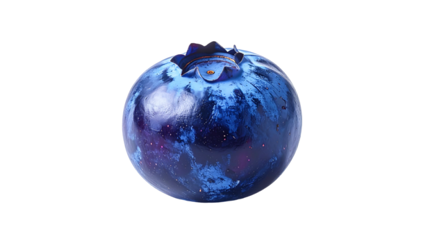 A single, plump blueberry, dark blue with lighter blue highlights and a small, dark calyx at its crown, is presented against a black background