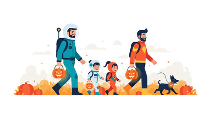 Halloween Adventure: A family dressed in colorful costumes embarks on a festive Halloween adventure, carrying pumpkin-shaped treat baskets, with a playful dog.