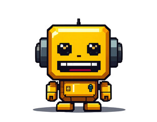 Pixel Art Funny Yellow Robot Emoji, Retro 8-Bit Style, Transparent PNG