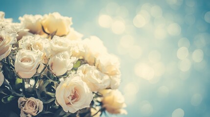 Dreamy white rose bouquet softly focused against a blue sky, evoking serenity and natural beauty. gardening catalogs, home-decor guides, designed for home decor and floral branding.
