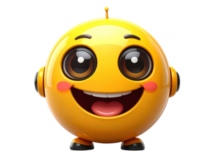 Cartoon Yellow Robot Emoji with Big Round Eyes, Smiling Face, Transparent Background