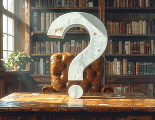 Question mark on a wooden desk in a library