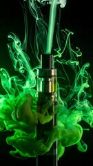 Vaporizer device surrounded by swirling green smoke