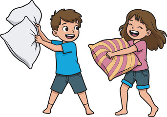 Cartoon children having pillow fight, indoor fun activity, smiling kids, playful moment, colorful pillows, cheerful scene, happy playtime, cozy illustration