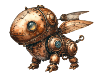 Mechanical Steampunk Robot with Winged Backpack, Vintage Illustration Style, Isolated