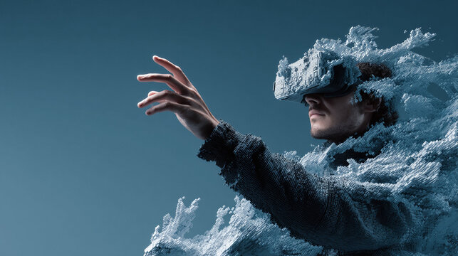 Man with VR headset dissolving into data. Conceptual image symbolizing digital transformation, virtual reality, technology, or the metaverse. Ideal for tech, innovation, and futurethemed projects.