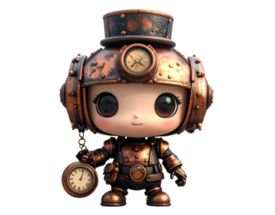 Chibi-Style Steampunk Robot with Top Hat and Pocket Watch, Transparent PNG