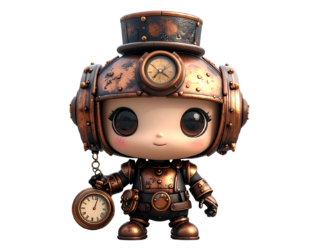 Chibi-Style Steampunk Robot with Top Hat and Pocket Watch, Transparent PNG