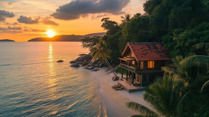 Fototapeta premium Breathtaking sunset over a tropical beach with a secluded wooden house and lush greenery