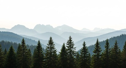 静かな朝霧、雄大な山並み、深い緑の針葉樹林。穏やかな光が包む風景写真. AI Generated