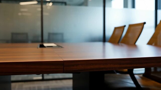 Empty meeting room with a wooden table and chairs in a modern office environment