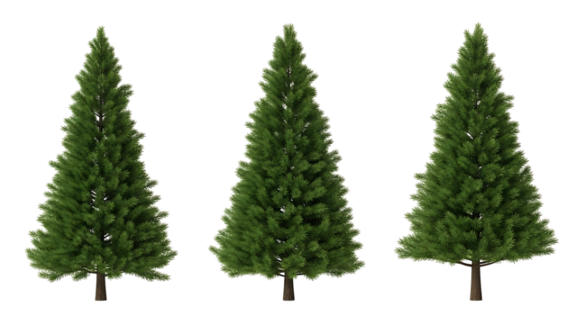 Three stylized Christmas trees, varying in size, displayed against a black background. Lush green needles, conical shapes