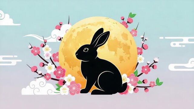 Mid autumn festival design featuring a black rabbit silhouette with moon background. Mid autumn festival scene with traditional elements of the Chinese holiday.