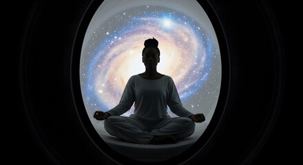 Meditating woman silhouette inside spacecraft viewing cosmic galaxy space universe spiritual mindful zen stars nebulae peace