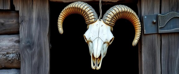 Weathered sheep skull, hanging from rustic shed door,  shed,   texture