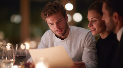 Elegant fine dining scene depicting a chef consulting with dinner guests, wine glasses, and warm candlelight. Ideal for restaurant, hospitality, or lifestyle content.