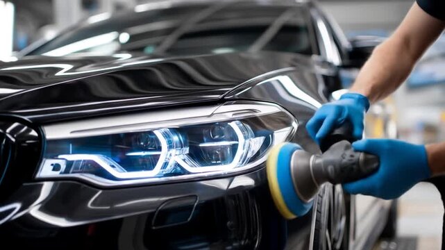 Gloved hands polishing black car with a machine near bright headlamps in a garage