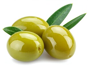 Three green olives, glossy and plump, rest together with two fresh leaves