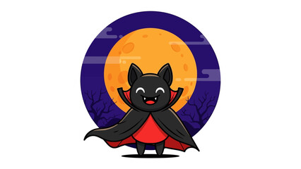 Spooky Bat under Full Moon: A charming illustration of a cheerful cartoon bat, donning a cape, stands beneath a radiant full moon, epitomizing the spirit of Halloween.