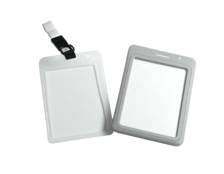 Two blank identification card holders, one white with a clip, one gray, shown against a black background