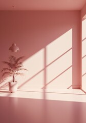 Minimalist interior featuring a plant bathed in soft pink light creating serene atmosphere