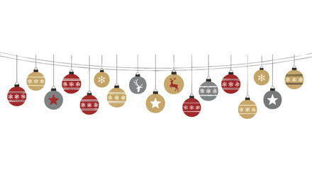 Festive holiday garland of red, gold, and grey Christmas ornaments with snowflake, star, and reindeer designs perfect for seasonal celebrations
