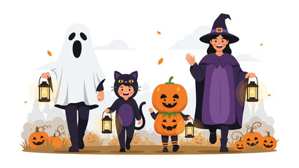 Halloween Parade: Children in costumes parade, each holding a lantern, captured in a festive, delightful illustration. 