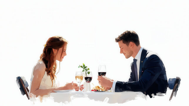 Romantic couple enjoying fine dining experience, sharing laughter and conversation over beautifully set table with wine and food