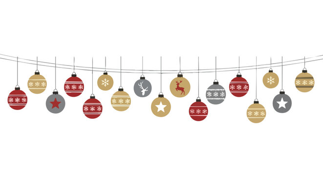 Festive holiday garland of red, gold, and grey Christmas ornaments with snowflake, star, and reindeer designs perfect for seasonal celebrations