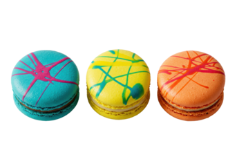 Three gourmet macarons with vibrant abstract paint splatter icing, neatly arranged on a transparent background, close-up, 45-degree angle. Concept of culinary elegance and artistic design