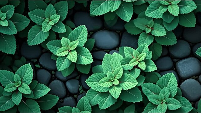 Green plants on dark stones