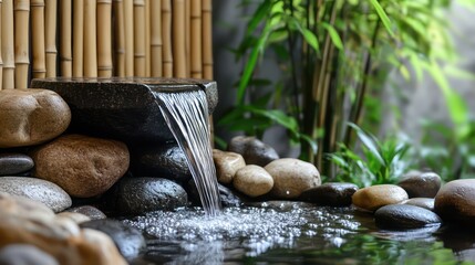 Small indoor water feature with smooth river rocks, bamboo accents, and a gentle trickling fountain for stress relief