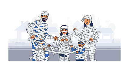 Family Mummy Fun: A family joyfully dressed as mummies poses against a cheerful Halloween-themed background. Capturing family bonding and embracing Halloween spirit.