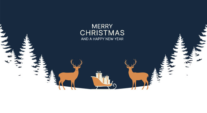 Festive reindeer flank a sleigh brimming with gifts amidst a snowy forest scene wishing Merry Christmas and Happy New Year