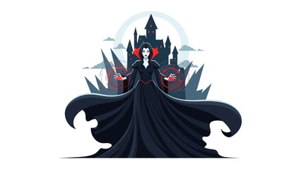 Mysterious Vampire in Silhouette: A sinister vampire figure, dressed in flowing black, stands confidently against a gothic castle backdrop. © Ajhar234