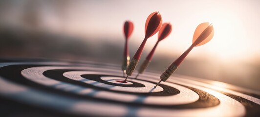 Fototapeta premium The Darts Striking the Bullseye on a Dartboard with Soft Backlight