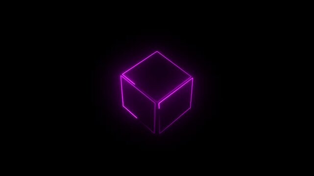 Abstract background, cube box with glowing neon lines and black background. Neon 3d square box stroke icon.4k video animation - Powered by Adobe