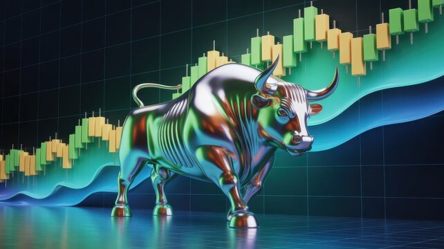 Stock Market Bull: A metallic bull statue stands proudly against the backdrop of a vibrant stock market chart, symbolizing bullish market trends and investment success.