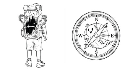 Vector art of a cute ghost with a compass and a traveler with a big backpack a spooky and fun adventure awaits