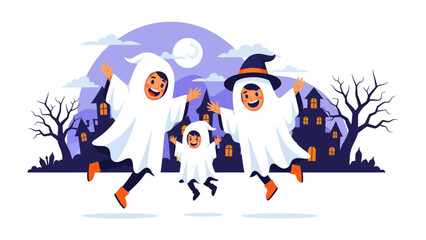 Spirited Halloween Gathering: Three cheerful individuals in charming ghost costumes joyfully jump and frolic in a playful Halloween scene. Amidst silhouetted spooky structures and a full moon.