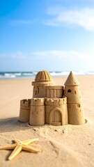 Sandy castle on beach, sunny day (2)