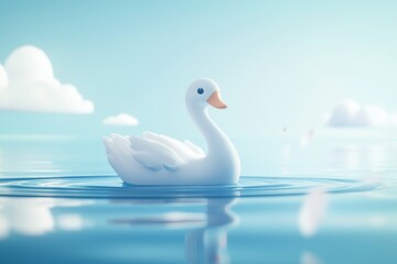 Obraz premium A charming illustration of a white swan gracefully floating on calm water, surrounded by fluffy clouds and a bright blue sky. Perfect for conveying tranquility.